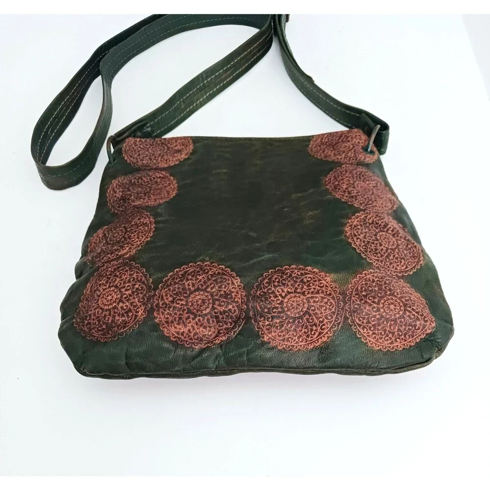 NEW Dk Green Leather Slim Crossbody Bag Embossed Medallion Print Boho Festival - Picture 5 of 6